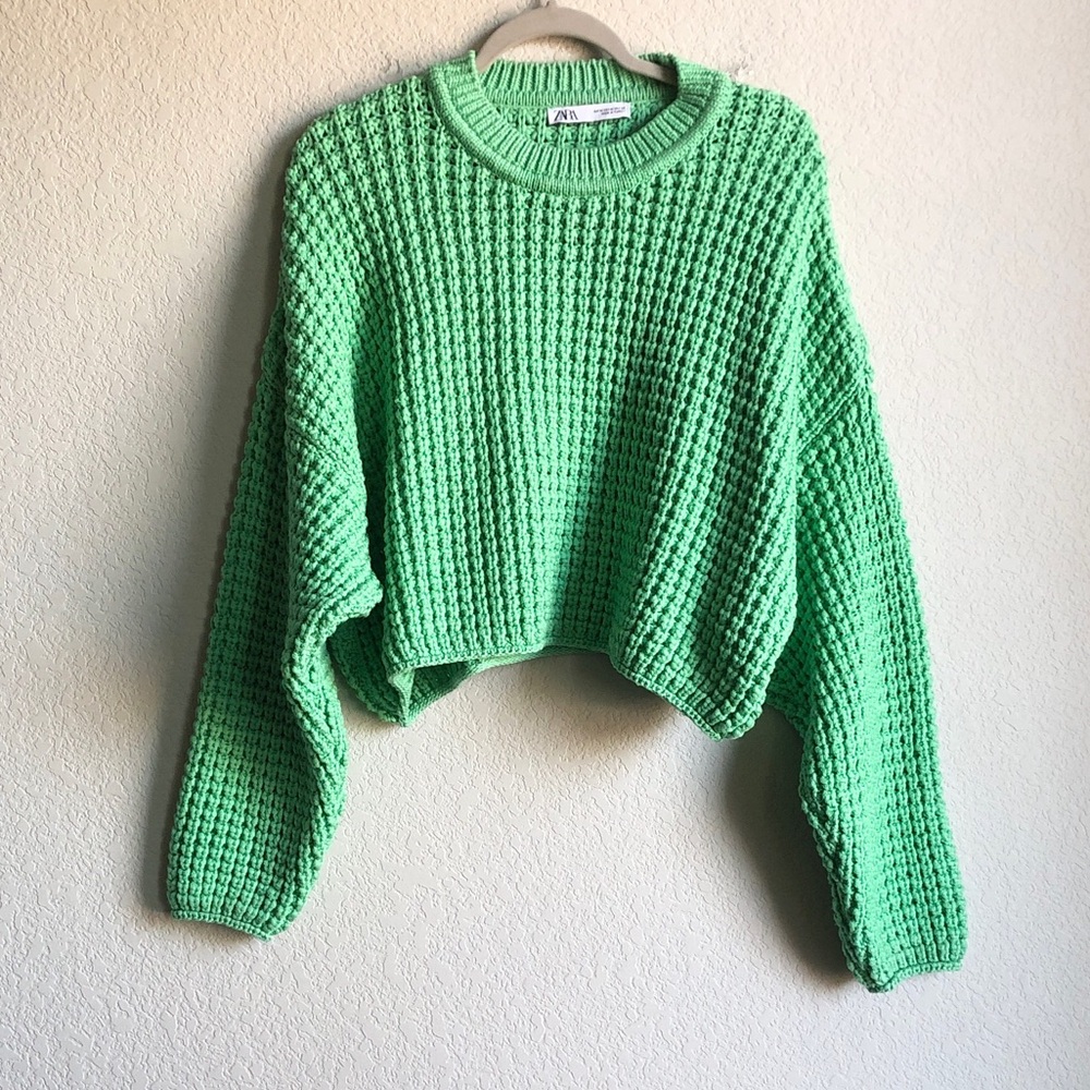 Zara Purl Knit Sweater Green Balloon Sleeve Cropped Slouchy Boho Medium